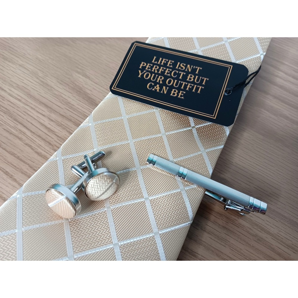 DIBANGU Gold Geo Print Silk Tie Cufflink Tie-Tack Set NEW Necktie